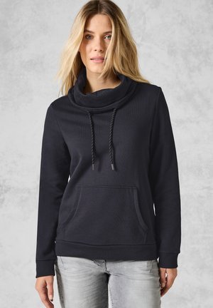 Marineblauwe sweatshirt met een col, treksluiting en een voorkantzak. Gemaakt van een zachte stof met ribgebreide boorden en onderrand.