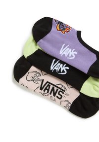 Tre par Vans-strumpor i svart, lavendel och ljusgrön. Kontrastfyllda logotyper och mönster pryder varje strumpa.