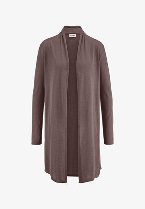 Cardigan lungo a portafoglio in tessuto marrone morbido con maniche lunghe e vestibilità morbida, mostrato su sfondo bianco.