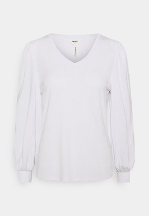 Biały, długi rękaw, top z mieszanki bawełny, z dekoltem w kształcie litery V i bufkami z dopasowanymi mankietami. Gładka faktura i casualowy krój.