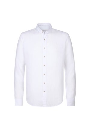 Wit linnen overhemd met lange mouwen en een bandkraag, voorzien van vijf beige knopen aan de voorkant, een gladde textuur en een rechte zoom.