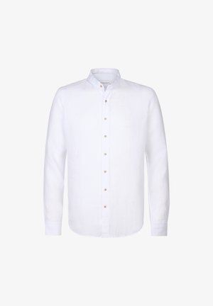 Wit linnen overhemd met lange mouwen en een bandkraag, voorzien van vijf beige knopen aan de voorkant, een gladde textuur en een rechte zoom.
