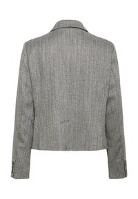 Sivi blazer s ribjo kostjo, z zarezanim ovratnikom, strukturirano obliko in gumbi na rokavih. Prilagojena hrbtna zasnova.