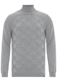 Pull en maille gris clair à col roulé avec un motif carré subtil et des poignets et un ourlet côtelés.