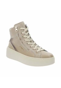 Zapatilla alta beige con suela blanca gruesa, cordones y detalle de cremallera lateral en parte superior de cuero suave.
