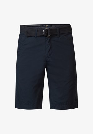 Pantalones cortos azul marino hechos de una tela ligera, con un cinturón de hebilla metálica y bolsillos frontales para mayor comodidad.