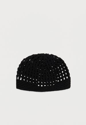Black crochet beanie with open knit pattern and solid ribbed brim, displayed on plain white background.