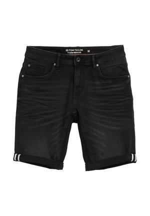 Black denim shorts with a regular fit, folded cuffs with white stripes, five-pocket design, and branding inside the waistband. Size 32.