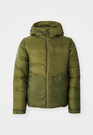 Olive green puffer jacket with a hood, featuring a front zipper, two side pockets, and a lightweight, textured material.
