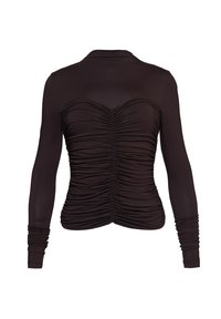 Czarny top z długim rękawem, z efektem marszczenia w okolicy biustu, dopasowany fason oraz marszczenia wzdłuż boków i rękawów.