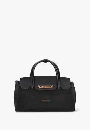 Zwarte handtas gemaakt van gladde en gestructureerde materialen. Voorzien van dubbele handvaten, een sluiting met gouden beslag en de merknaam gegraveerd aan de voorkant.