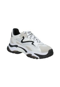 Sneakers chunky con un design bianco e grigio, con una parte superiore in suede e mesh testurizzato, dettagli neri e una suola spessa e testurizzata.