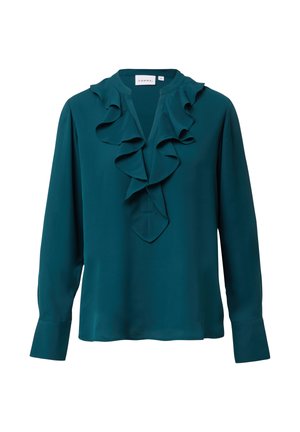 Turkusowa bluzka z długim rękawem z falbaniastym dekoltem, wykonana z gładkiego materiału. Posiada dopasowane mankiety i lekko obniżony dół. Widoczna etykieta marki.