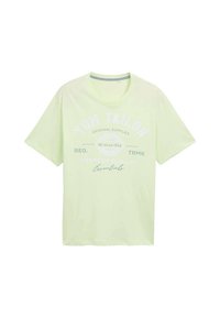 T-shirt en coton vert clair avec col rond, comportant du texte imprimé blanc incluant "TOM TAILOR" et des détails décoratifs. Manches courtes.