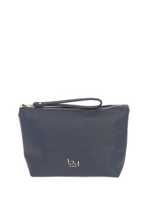 Bustina da polso blu navy con cerniera dorata e piccolo logo dorato "byblos" sul davanti, realizzata in materiale strutturato.
