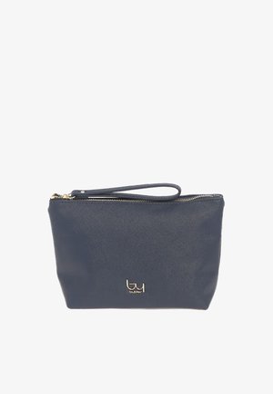 Bustina da polso blu navy con cerniera dorata e piccolo logo dorato "byblos" sul davanti, realizzata in materiale strutturato.