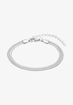 Sidabrinė gyvatinė apyrankė su pakaitiniais lygiomis ir tekstūruotomis jungtimis, sujungta su maža reguliuojama grandinėle užsegimui.