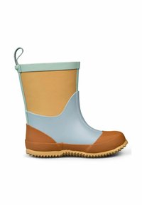Rubber ankle boot featuring a tan upper, light blue lower section, textured brown sole, and a green accent band at the top.