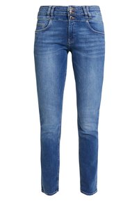 Modré džíny skinny s vysokým pasem, vybavené trojitým zapínáním na knoflíky, pěti kapsami a jemným vyblednutím na nohavicích pro texturu.