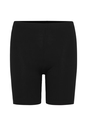 Čierne elastické šortky vyrobené z mäkkého materiálu, s elastickým pásom a priliehavým strihom, bez viditeľných vzorov alebo akcentov.