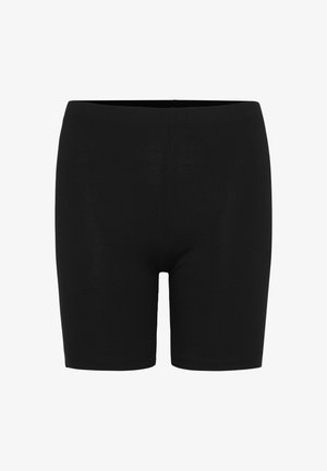 Čierne elastické šortky vyrobené z mäkkého materiálu, s elastickým pásom a priliehavým strihom, bez viditeľných vzorov alebo akcentov.