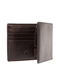 Brown leather wallet with multiple card slots, textured surface, and a logo embossed on the front. Stylish design with a smooth interior finish.