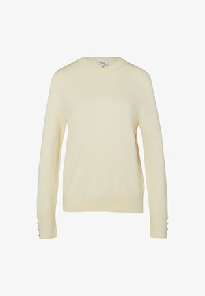 Maglione a maniche lunghe color crema in maglia con scollo rotondo e bottoni decorativi sui polsini, mostrato su sfondo bianco.