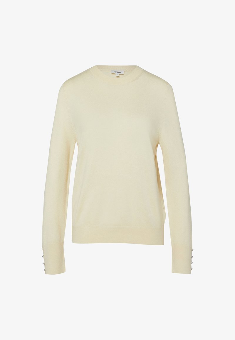 Kremowy sweter z dzianiny z długim rękawem, okrągłym dekoltem i ozdobnymi guzikami na mankietach, przedstawiony na białym tle.