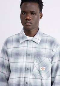 Camicia di flanella a motivo tartan verde e grigio, con chiusura a bottoni, colletto a punta e tasca sul petto sinistro con etichetta del logo.