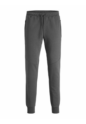 Grijze joggingsbroek van zachte stof, met een trekkoord tailleband, zijzakken en een taps toelopende pijp met ribgebreide manchetten.