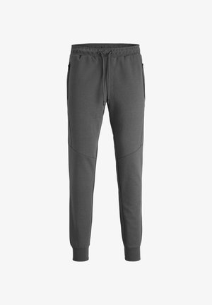 Grijze joggingsbroek van zachte stof, met een trekkoord tailleband, zijzakken en een taps toelopende pijp met ribgebreide manchetten.
