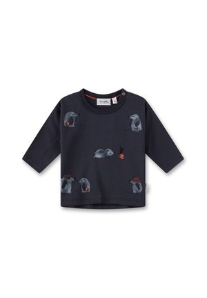 Dunkelblaues Langarmhemd mit gestickten Tiermotiven, darunter ein Igel, und kontrastierendem orangenem Nackenband sowie Knopfdetails.