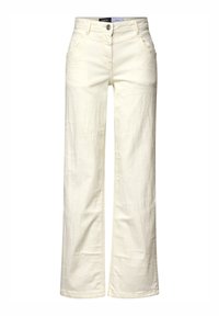 Krämfärgade vida byxor i denim, med knappstängning, bältesöglor och två framfickor med subtila texturmönster.