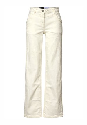 Crème-kleurige wijde broek van denim, met een knoopsluiting, riemlussen en twee voorzakken met subtiele textuurpatronen.