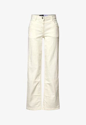 Pantalones de pierna ancha color crema hechos de denim, con cierre de botón, trabillas para cinturón y dos bolsillos frontales con patrones de textura sutiles.