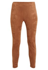 Leggings ajustés effet daim marron avec taille haute et détails de coutures le long de l'avant et des jambes, présentés sur un fond uni.