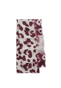 Szalik w panterkę w kremowo-białym i burgundowym kolorze, charakteryzujący się miękką teksturą, prostokątnym kształtem i frędzlami na brzegach.