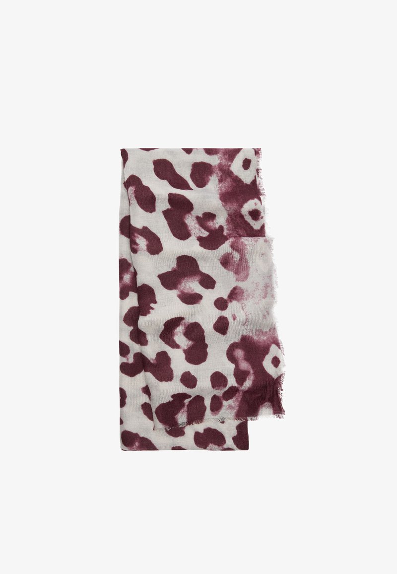 Szalik w panterkę w kremowo-białym i burgundowym kolorze, charakteryzujący się miękką teksturą, prostokątnym kształtem i frędzlami na brzegach.