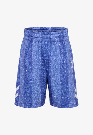 Niebieskie sportowe spodenki z białymi pasami w kształcie szewronu po bokach oraz małym logo na prawej nogawce, z teksturowanym, cętkowanym wzorem.