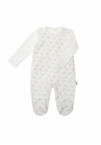 Weißer Baby-Overall mit langen Ärmeln, der ein weiches Muster kleiner Tiere zeigt. Druckknöpfe an den Schultern für ein einfaches Ankleiden.