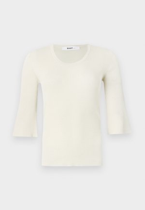 Ribbed, light cream long-sleeve top with a round neckline and flared sleeves. Made from a textured fabric, soft finish, minimal design.
