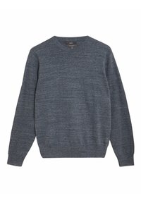 Pull en tricot gris avec col rond, manches longues, poignets et bas côtelés. Texture douce et variations subtiles de couleur.