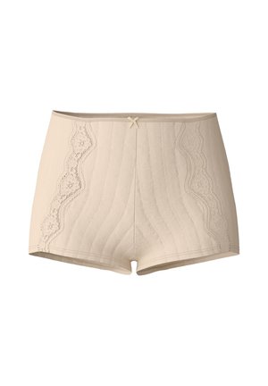 Beige katoenen shorts met een soepele textuur, voorzien van decoratieve kantpatronen aan de zijkanten en een kleine strikaccent bij de taille.