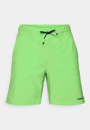 Light green shorts with an elastic waistband, adjustable black drawstring, and logo accent. Smooth texture with side pockets.