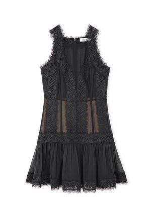 Abito in pizzo nero con gonna a strati, caratterizzato da bordi ondulati, pannelli trasparenti e un corpetto aderente con dettagli intricati.