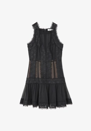 Schwarzes Spitzenkleid mit einem geschichteten Rock, der gewellten Kanten, transparenten Partien und einem taillierten Oberteil mit filigranen Details.