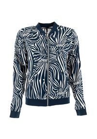 Giacca bomber navy con strisce astratte bianche a zig-zag, polsini e orlo a costine, zip frontale completa e dettaglio della cerniera a forma rotonda.