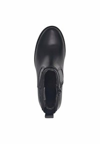Bottine en cuir noir avec une finition lisse, bout rond, fermeture éclair sur le côté et un intérieur rembourré pour le confort.