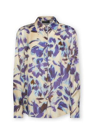 Camisa de manga larga con botones y cuello puntiagudo, con un patrón floral abstracto en tonos púrpura, azul y marrón sobre fondo beige.