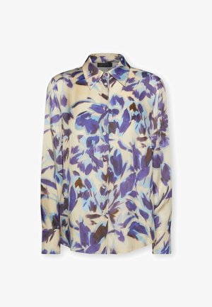 Overhemd met lange mouwen en knopen, met een puntige kraag en een abstract bloemmotief in tinten paars, blauw en bruin op een beige achtergrond.